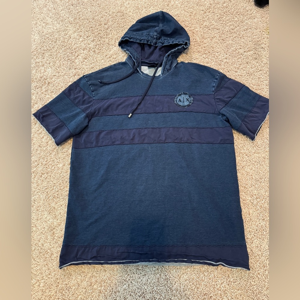 AX ARMANI EXCHANGE MEN'S SHORT SLEEVE PULLOVER HOODIE NAVY BLUE Size M